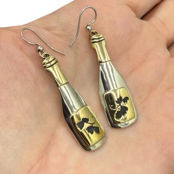 Far Fetched Gold Silver Wine Bottle Earrings Vine Design Cutout Sommelier - Picture 2 of 5